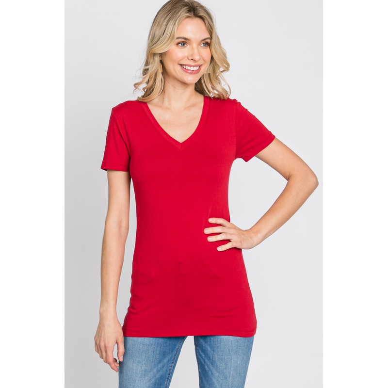 Red V-Neck Short Sleeve Top