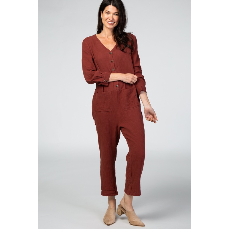 Rust Long Sleeve Button Front Jumpsuit