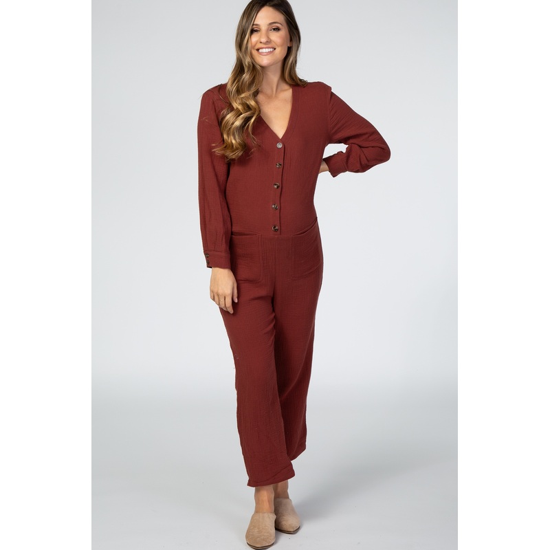 Rust Long Sleeve Button Front Maternity Jumpsuit