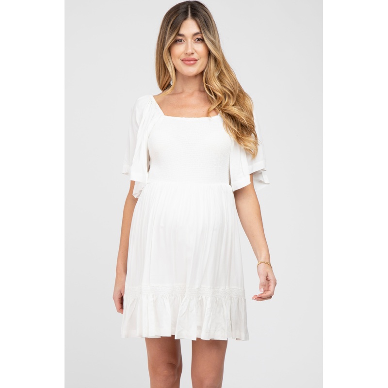 White Smocked Tie Back Maternity Dress