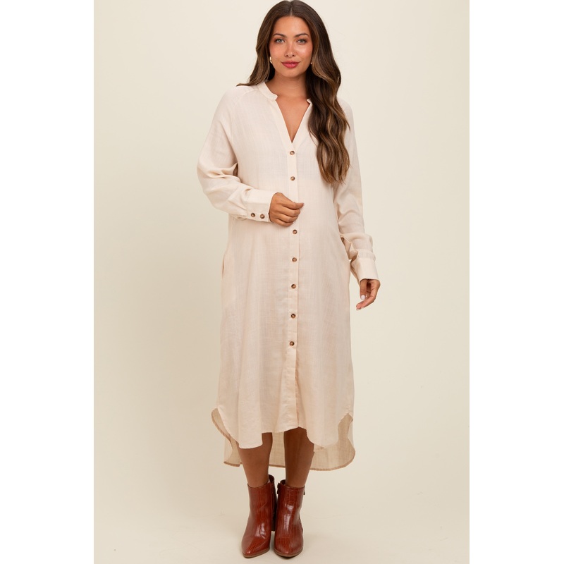 Beige Button Down Maternity Midi Dress