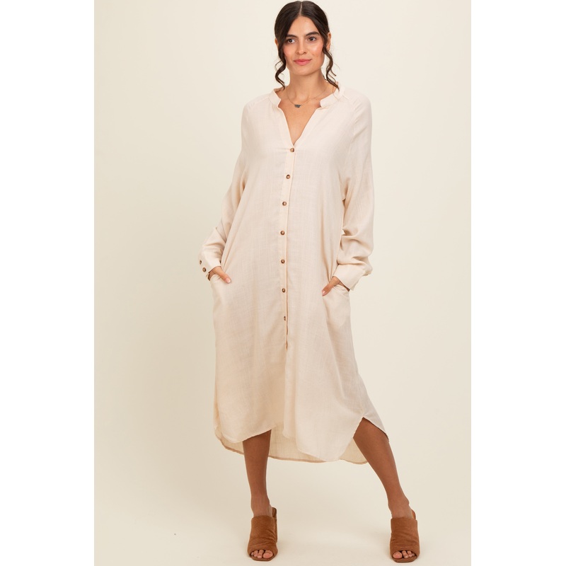 Beige Button Down Midi Dress