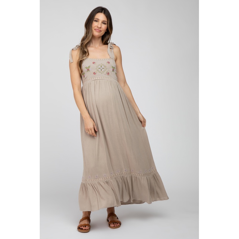 Beige Floral Embroidered Sleeveless Maternity Maxi Dress