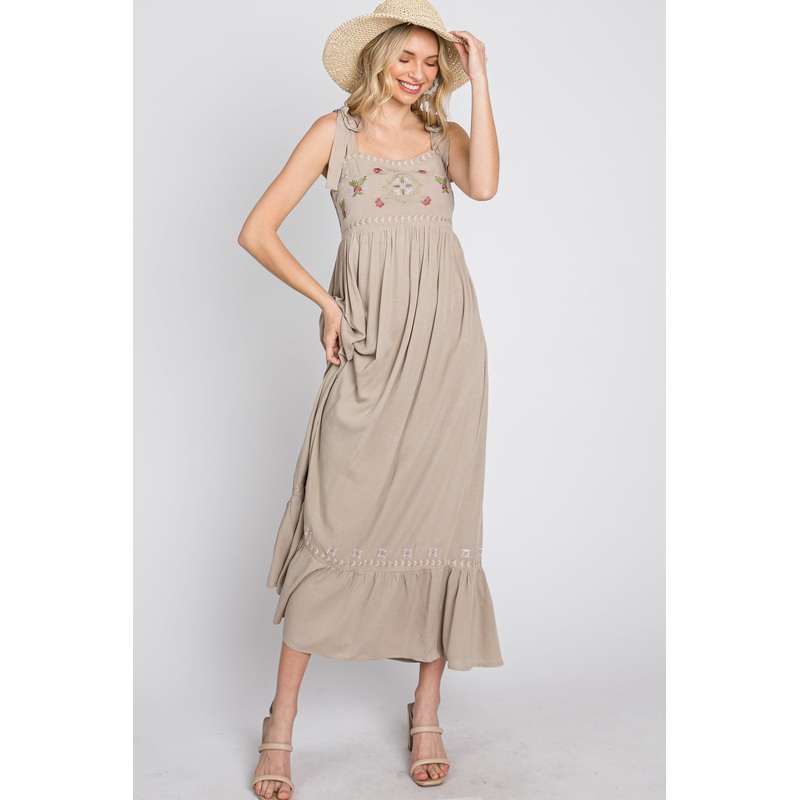 Beige Floral Embroidered Sleeveless Maxi Dress