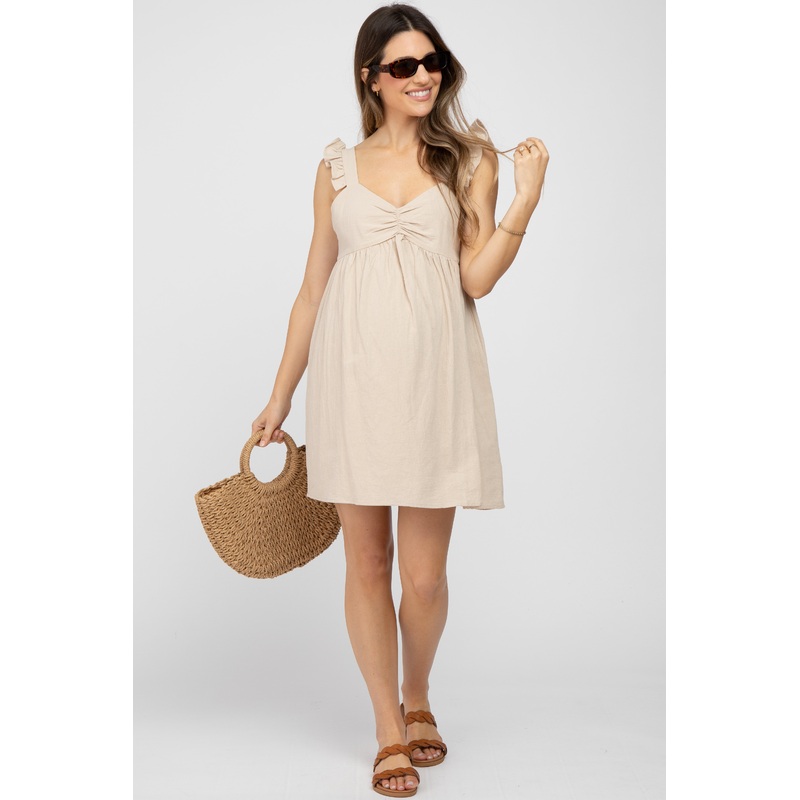 Beige Flutter Sleeve Maternity Mini Dress