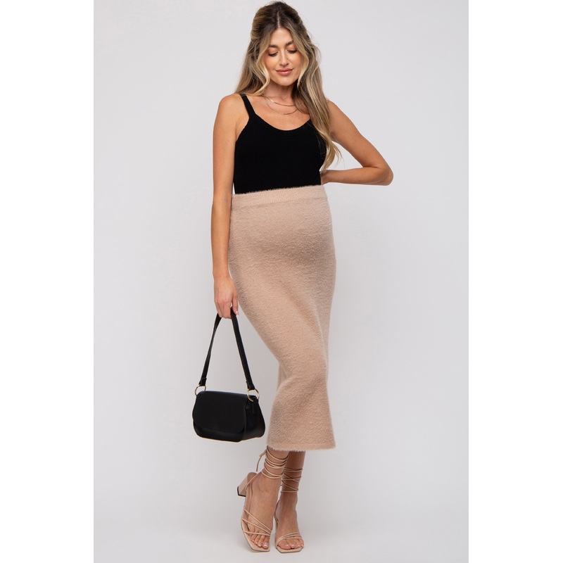 Beige Fuzzy Soft Knit Maternity Midi Skirt