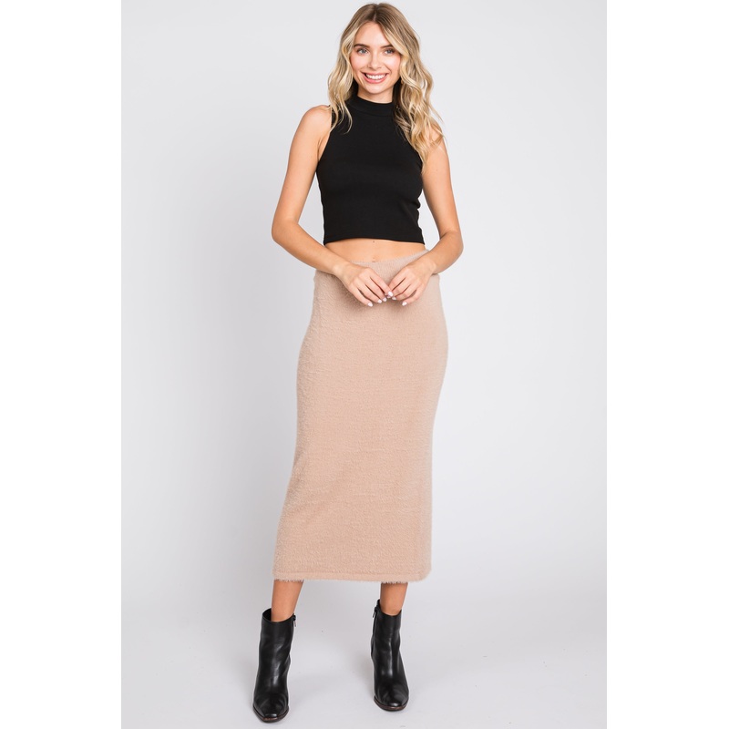 Beige Fuzzy Soft Knit Midi Skirt