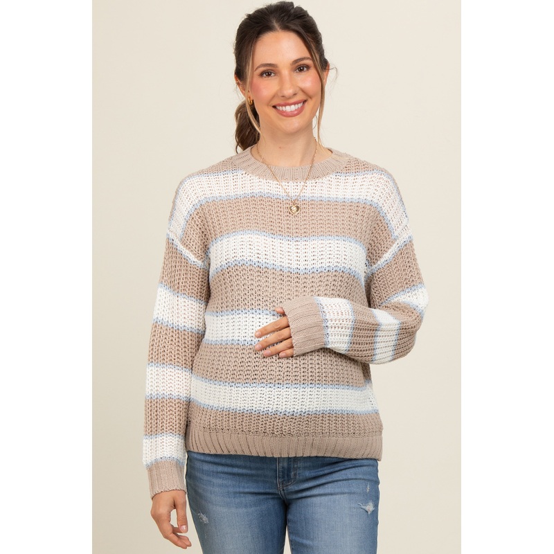 Beige Multi-Striped Maternity Sweater