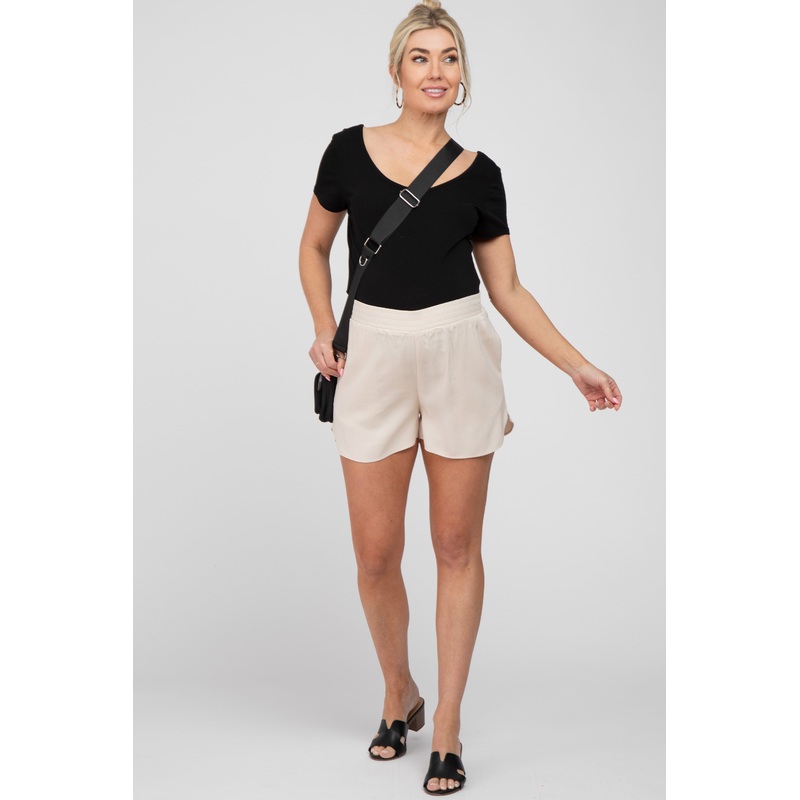 Beige Round Hem Maternity Shorts