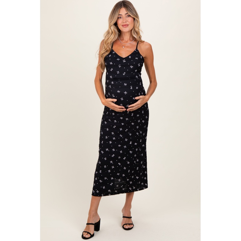 Black Bow Print Ruffle Detail Maternity Maxi Dress