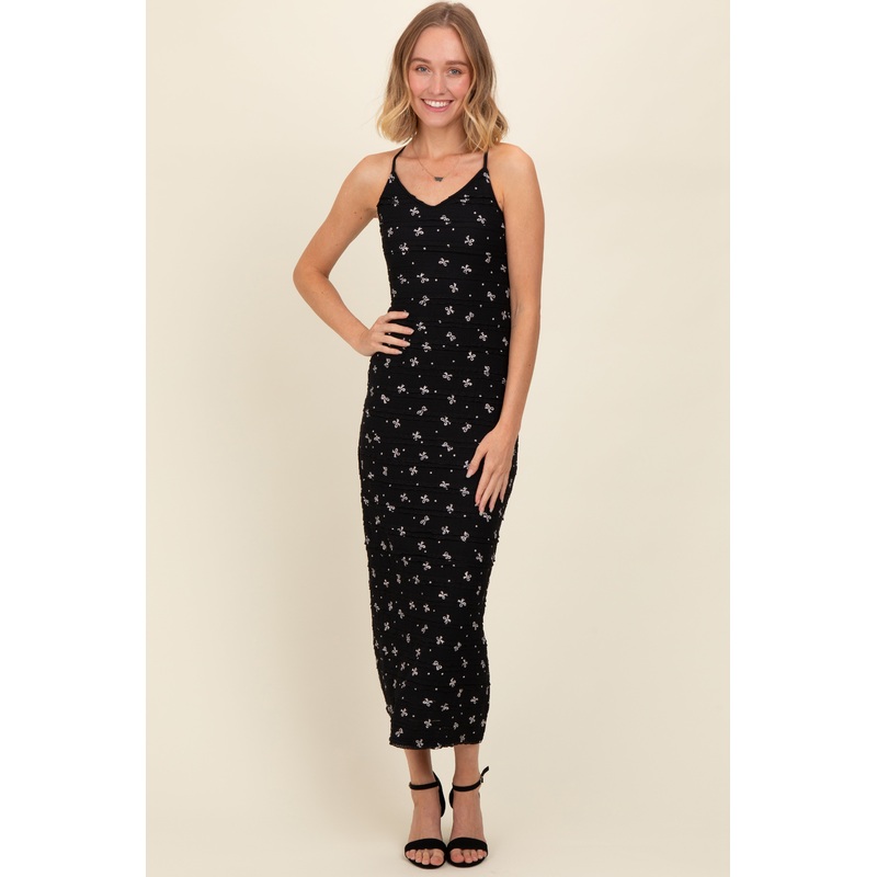 Black Bow Print Ruffle Detail Maxi Dress