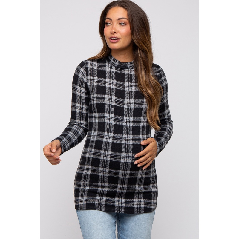 Black Plaid Mock Neck Brushed Long Sleeve Maternity Top