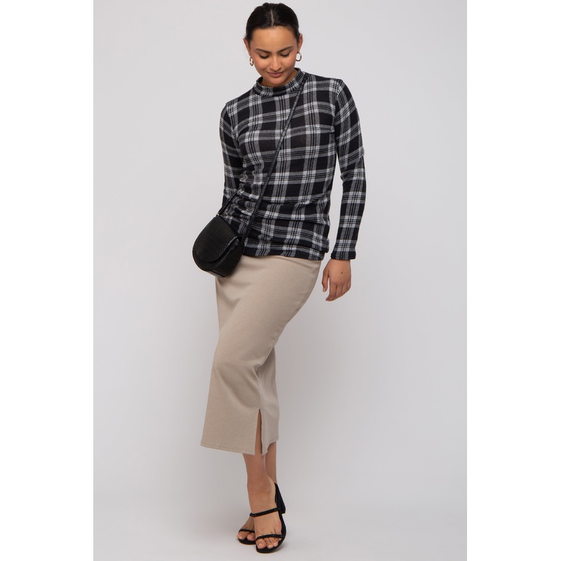 Black Plaid Mock Neck Brushed Long Sleeve Top