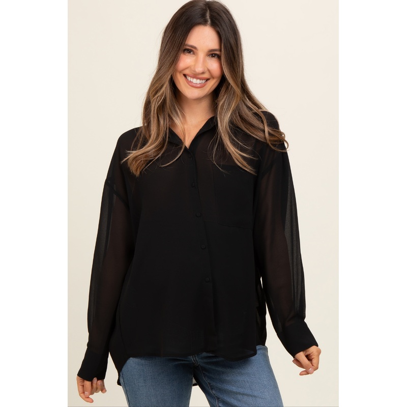 Black Sheer Button Down Maternity Blouse