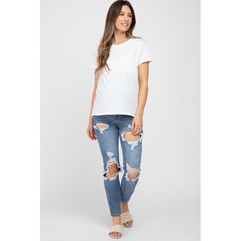 Blue Distressed Open Knee Maternity Skinny Jeans