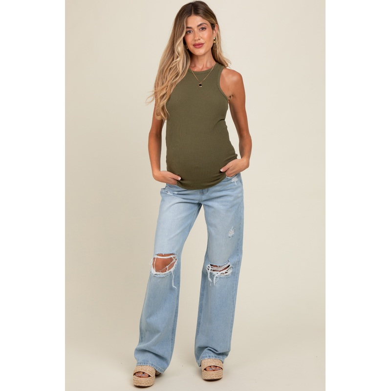 Light Blue Distressed Open Knee Flare Maternity Jeans