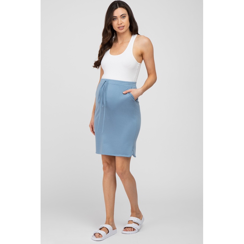 Light Blue Front Tie Round Hem Maternity Skirt