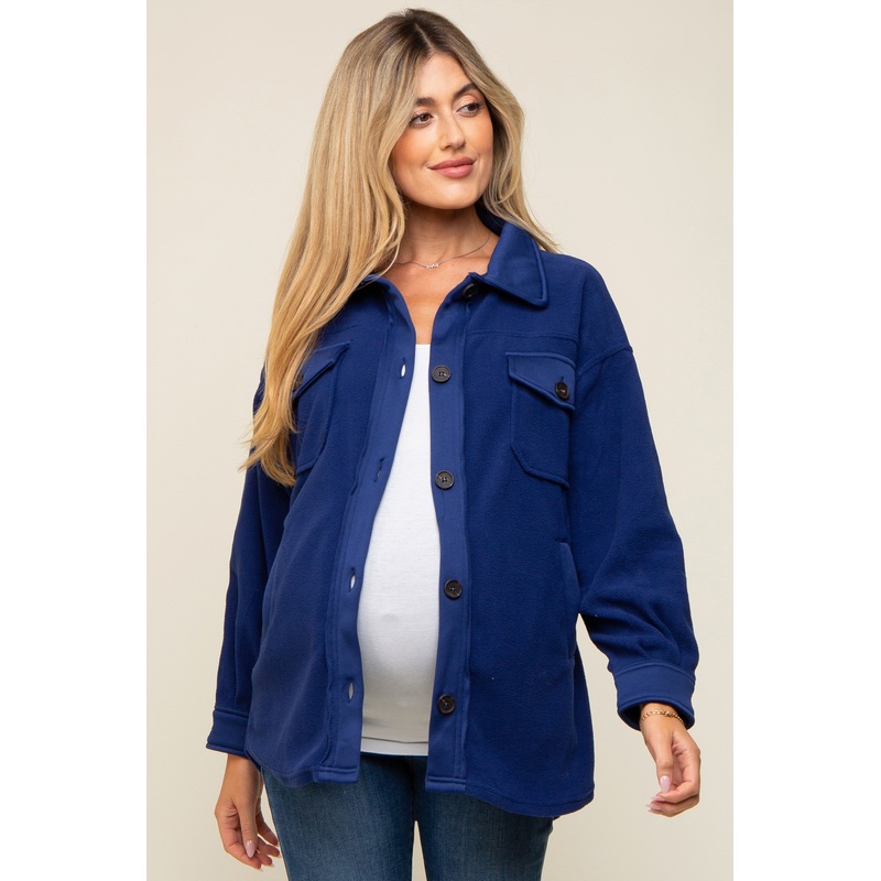 Navy Blue Fleece Double Front Pocket Maternity Jacket