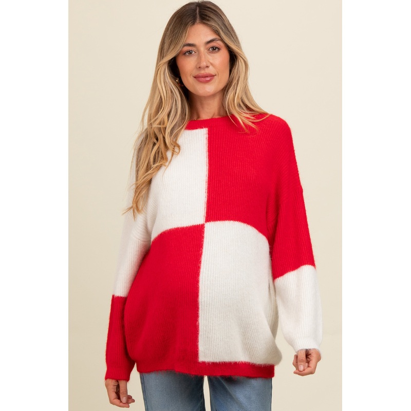 Red Colorblock Checker Print Fuzzy Knit Maternity Sweater