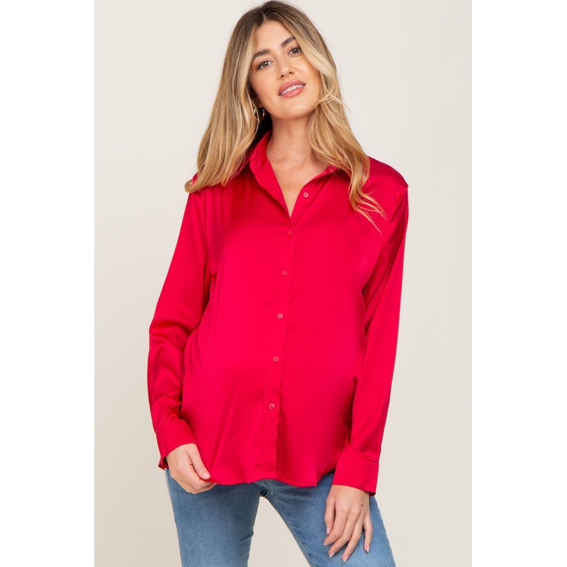 Red Satin Button Down Long Sleeve Maternity Top