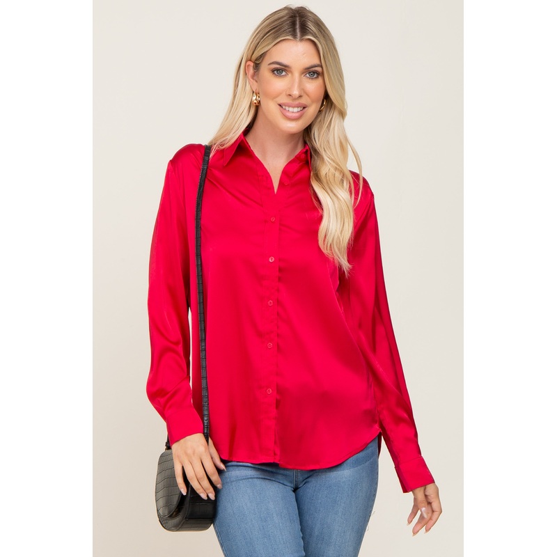 Red Satin Button Down Long Sleeve Top