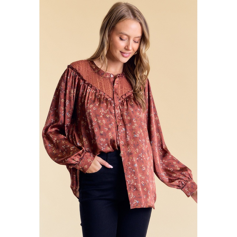Rust Frilled Floral Blouse