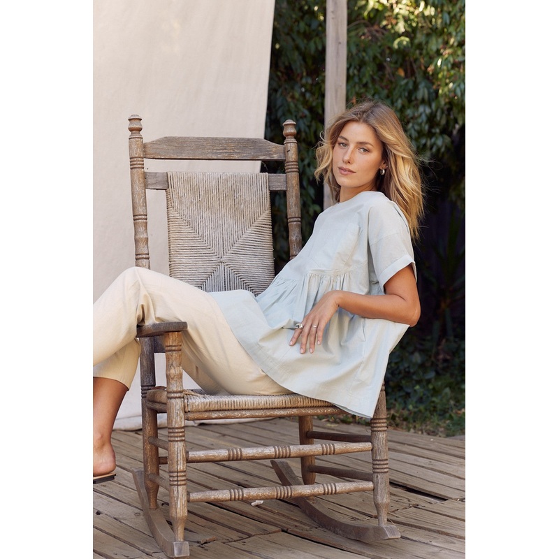 Sage Oversized Cotton Poplin Tunic Top With Ruffled Hem