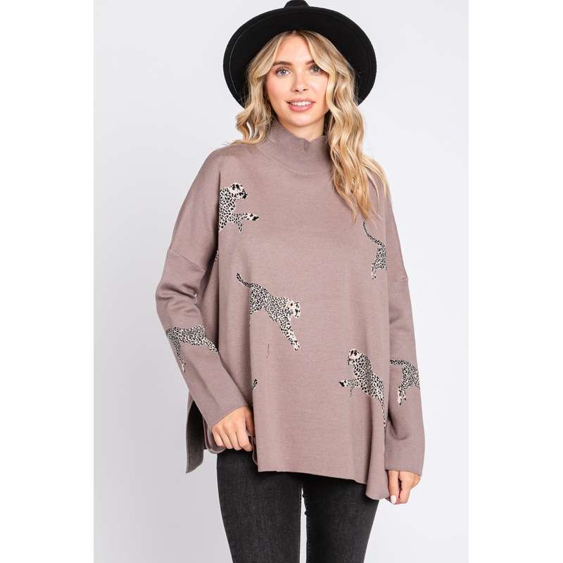 Taupe Animal Print Side Slit Sweater