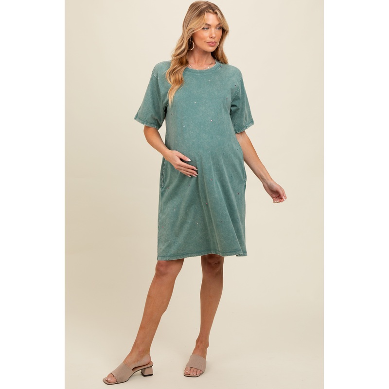 Teal Rhinestone Mineral Washed Maternity T-Shirt Dress