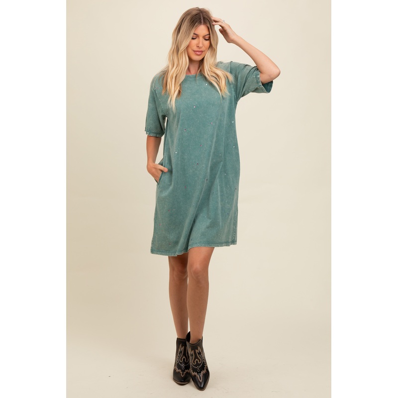 Teal Rhinestone Mineral Washed T-Shirt Dress
