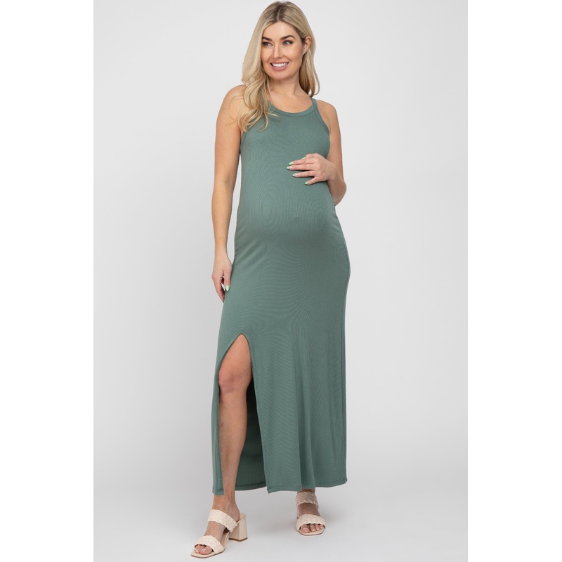 Teal Ribbed Knit Halter Neck Side Slit Maternity Maxi Dress