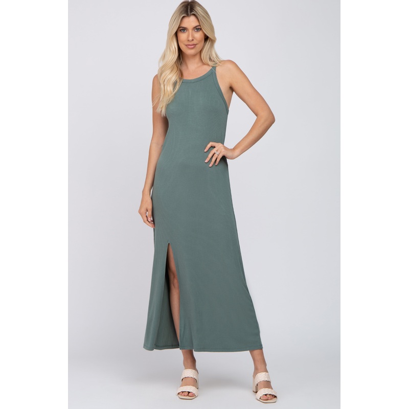 Teal Ribbed Knit Halter Neck Side Slit Maxi Dress