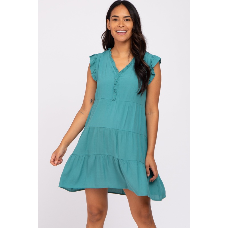 Teal Ruffle Accent Tiered Maternity Dress