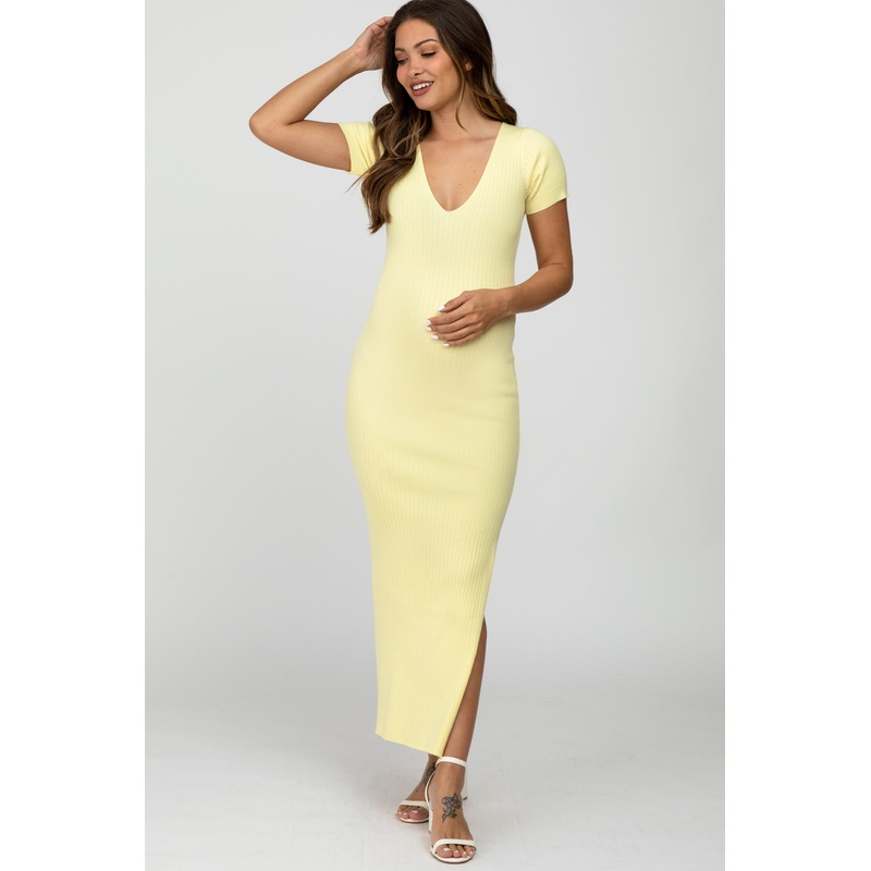 Yellow Ribbed Fitted Side Slit Maternity Midi Dress