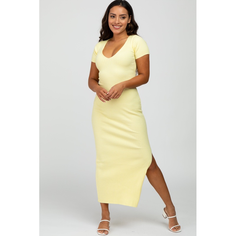 Yellow Ribbed Fitted Side Slit Midi Dress