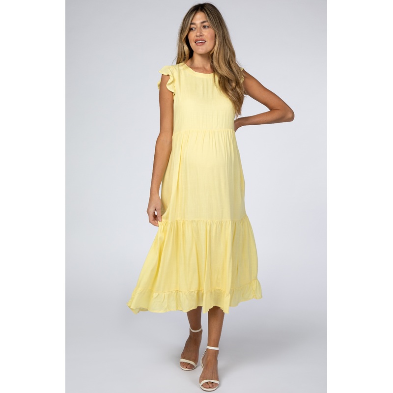 Yellow Ruffle Sleeve Tiered Maternity Midi Dress