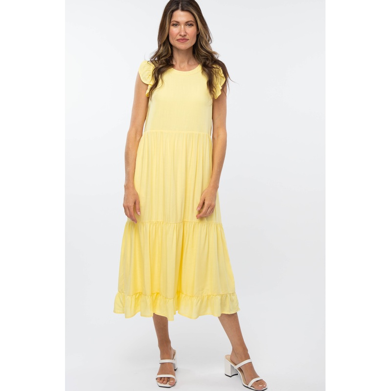 Yellow Ruffle Sleeve Tiered Midi Dress