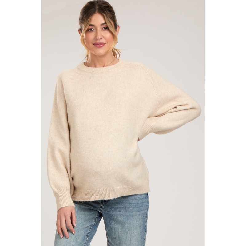 Beige Balloon Sleeve Maternity Sweater
