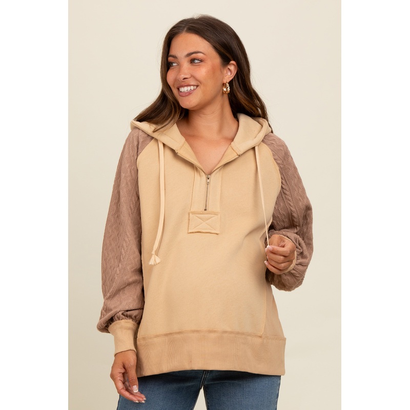 Beige Cable Knit Sleeve Maternity Half Zip Maternity Hoodie