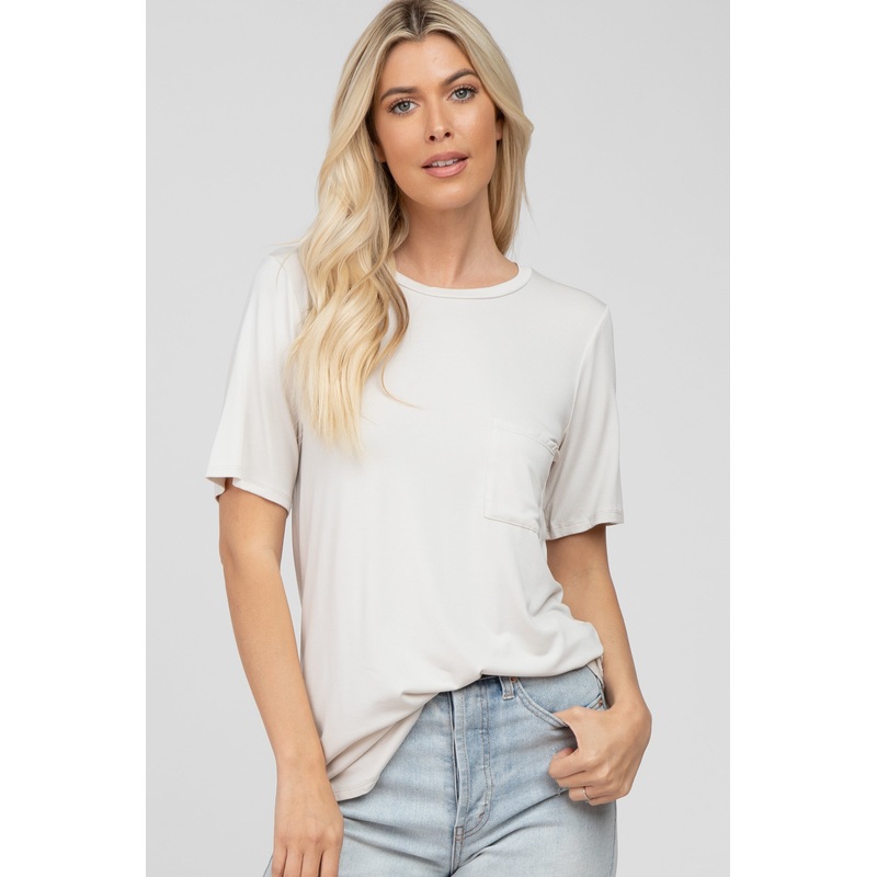 Beige Crew Neck Front Pocket Short Sleeve Top