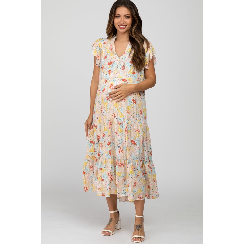 Beige Floral Ruffle Accent Maternity Midi Dress