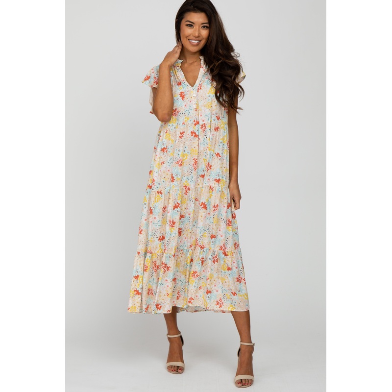 Beige Floral Ruffle Accent Midi Dress