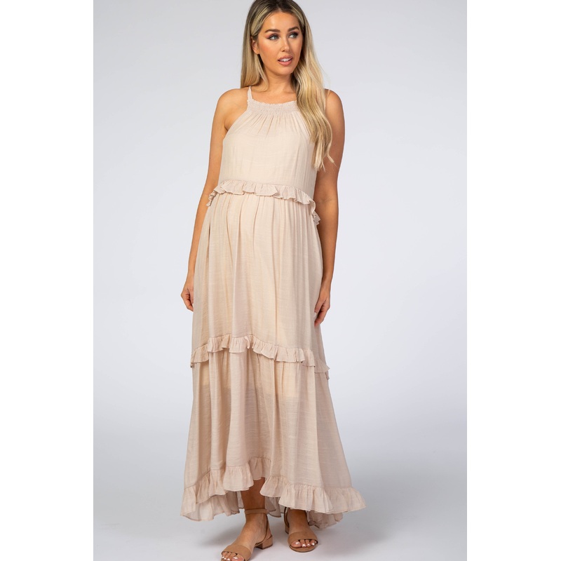 Beige Halter Neck Ruffle Trim Maternity Maxi Dress