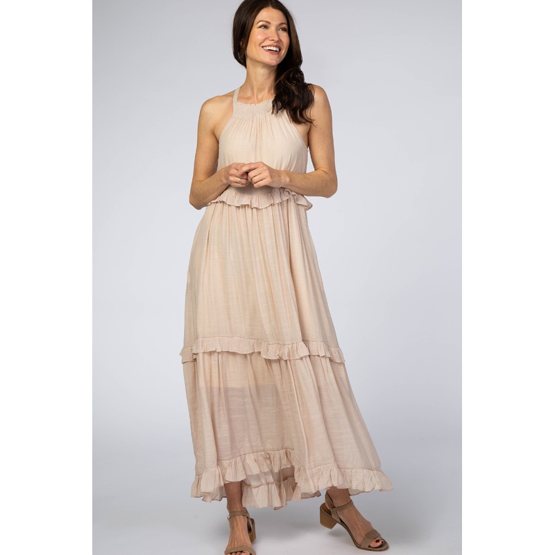 Beige Halter Neck Ruffle Trim Maxi Dress
