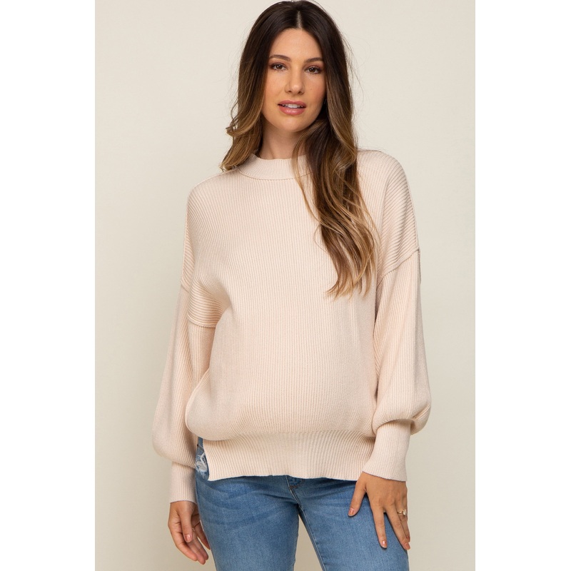Beige Knit Mock Neck Maternity Sweater