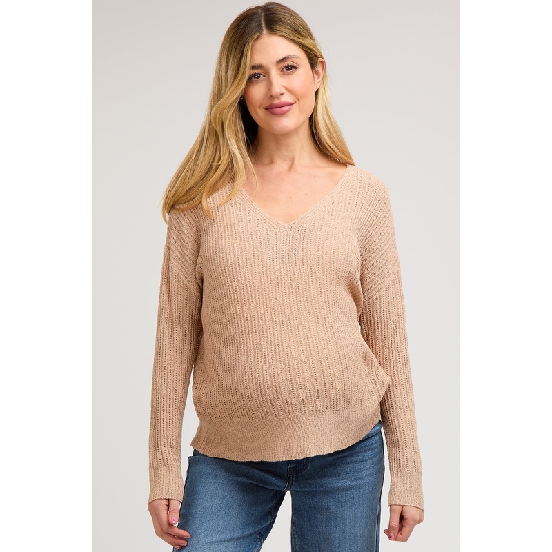 Beige Knit V-Neck Maternity Long Sleeve Top