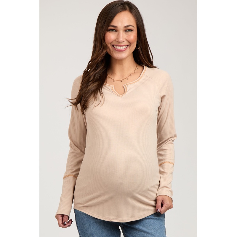 Beige V-Neck Maternity Long Sleeve Shirt
