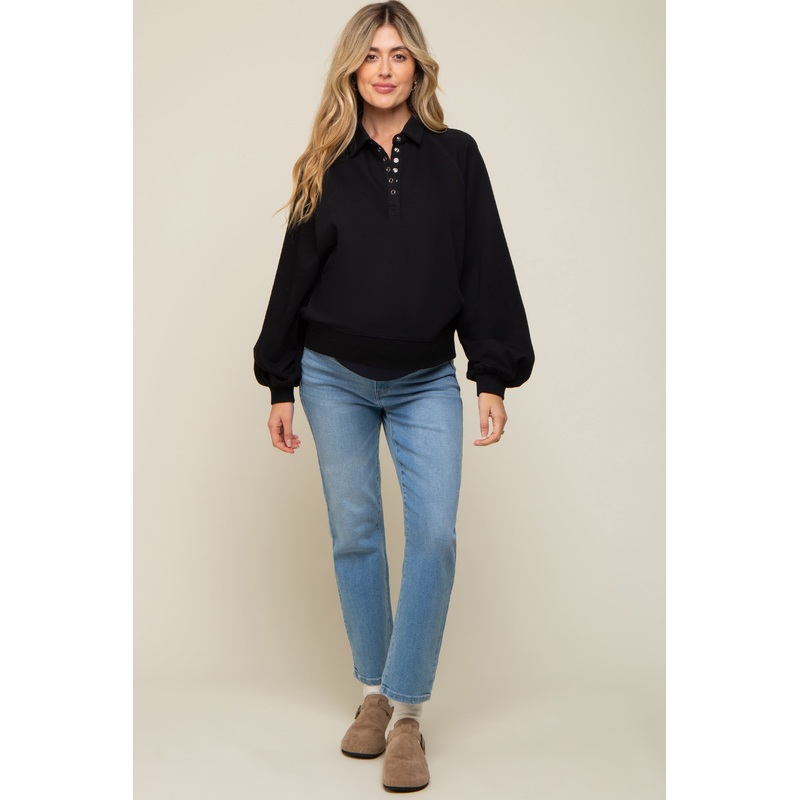 Black Collared Button Maternity Pullover