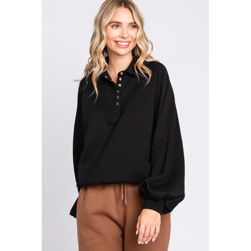 Black Collared Button Pullover