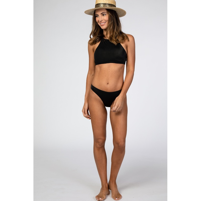 Black High Neck Ribbed Halter Bikini Set